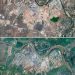 O complexo KK Park, no leste de Mianmar, em 2 de março de 2025 (acima) e 18 de setembro de 2025 (abaixo): imagens comprovam que centros de fraudes não foram destruídos — Foto: 2025 Planet Labs PBC / AFP