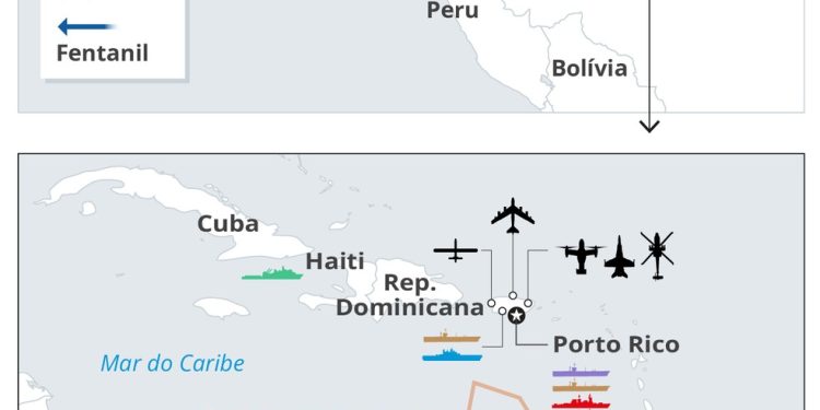 Ativos militares dos EUA no Caribe na 'guerra às drogas' de Trump — Foto: Editoria de Arte