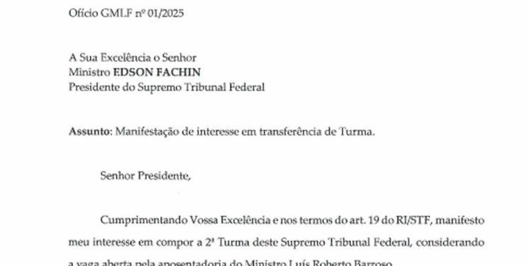 O ofício enviado pelo ministro do STF Luiz Fux ao presidente da Corte, Edson Fachin, manifestando sua intenção de migrar para a Segunda Turma — Foto: Reprodução