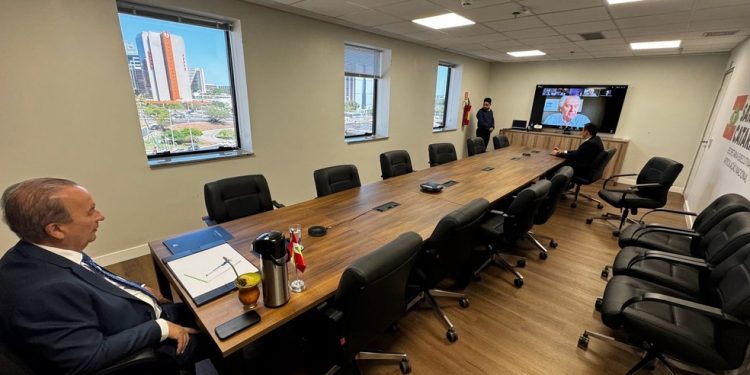 Jorginho Mello em reunião virtual com governadores (na tela, Ronaldo Caiado) — Foto: Reprodução