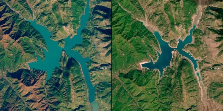 Montagem com o antes de depois do reservatório — Foto: Divulgação/Copernicus