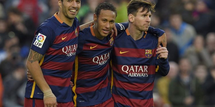 O trio MSN no Barcelona — Foto: AFP PHOTO/ LLUIS GENE
