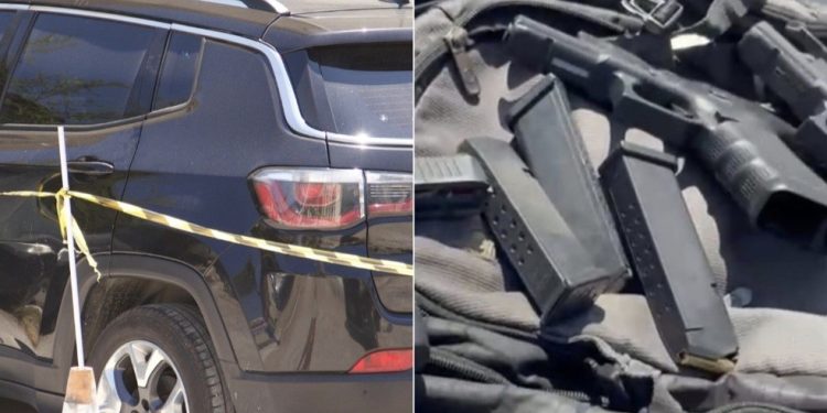 Armas encontradas na mala de um carro: material apreendido com os suspeitos de envolvimento na morte de um policial civil — Foto: Júlia Aguiar/ Agência O Globo e reprodução