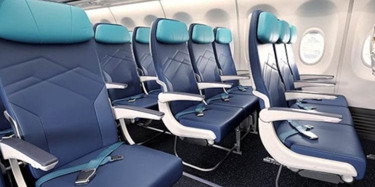 Representação da cabine econômica principal de uma aeronave redesenhada da WestJet — Foto: Divulgação/WestJet