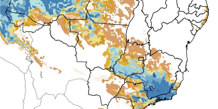 Mapa do Inpe mostra alta probabilidade de chuvas na região Sudeste, no Amazonas e em partes de Goiás, Pará e Mato Grosso — Foto: Reprodução