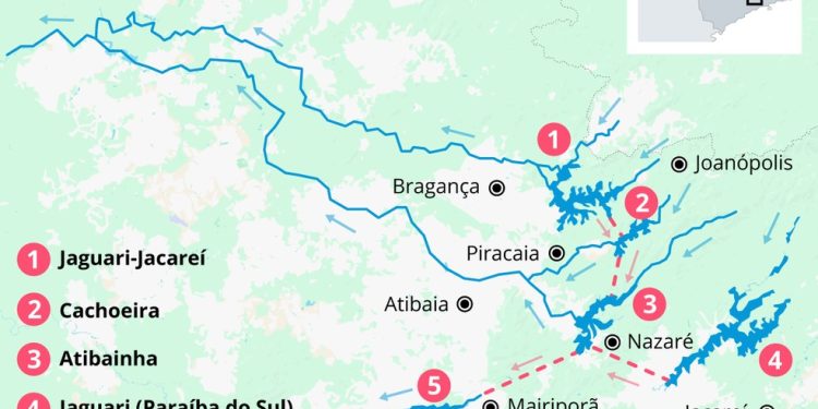 Mapa da rede de represas do Sistema Cantareira em São Paulo — Foto: Criação/O GLOBO