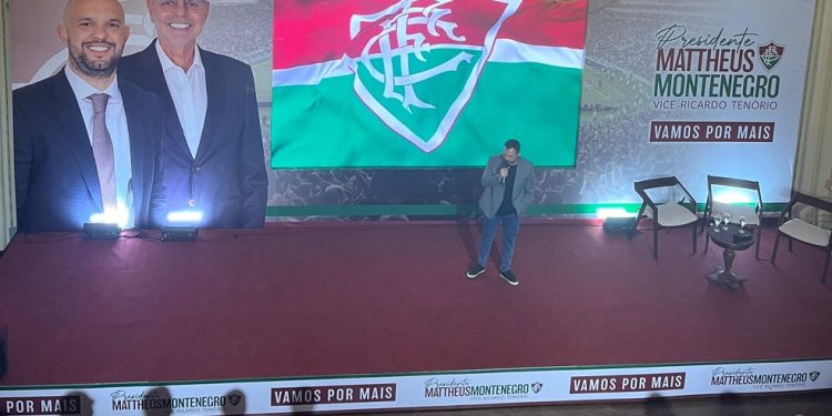 Mário Bittencourt anuncia chapa "Vamos Por Mais", de Mattheus Montenegro e Ricardo Tenório, no Fluminense — Foto: Lucas Ribeiro