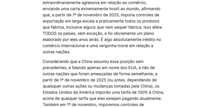 Trump anuncia tarifas de 100% sobre a China — Foto: Reprodução / Truth Social