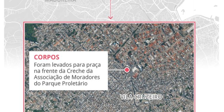Veja onde foi o confronto na megaoperação nos complexos da Penha e do Alemão e para onde os moradores levaram os corpos — Foto: Editoria de Arte
