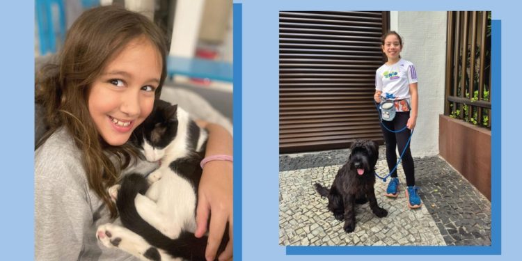 Nina com Matt, um dos seu gatos, e Bianca passeando com seu cãozinho, J. Bart Simpson — Foto: Arquivo pessoal