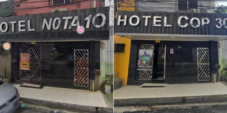 Antes nomeado "Hotel Nota 10", o estabelecimento "Hotel COP30" passou a cobrar uma diária durante a conferência 80 vezes maior do que a de dois anos atrás — Foto: Google Street View (abril de 2023) e Reprodução