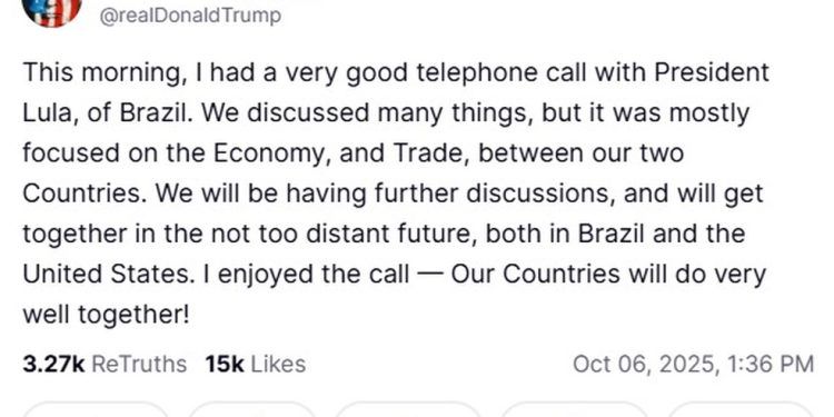 Trump fala sobre o telefonema com Lula em sua rede social — Foto: Reprodução
