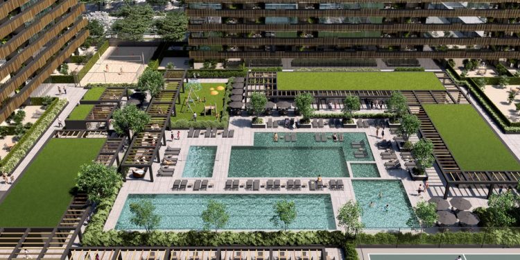 Área de lazer de 6 mil m² com piscinas, espaços de convivência e áreas verdes — Foto: Divulgação