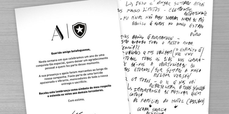Artur Jorge envia carta a jogadores e funcionários do Botafogo com anotações feitas antes de título da Libertadores — Foto: Divulgação