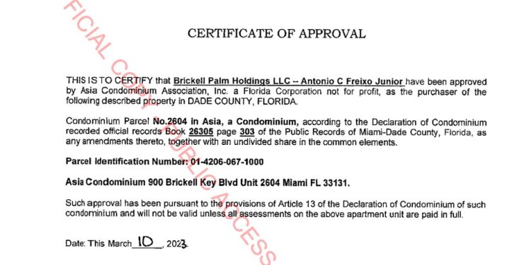 Documento sobre imóvel de Miami obtido pela coluna Capital cita empresário próximo a Vorcaro — Foto: Reprodução/O Globo