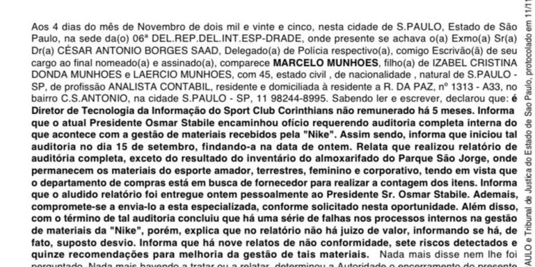 Depoimento de diretor do Corinthians sobre desvios de materiais — Foto: Reprodução