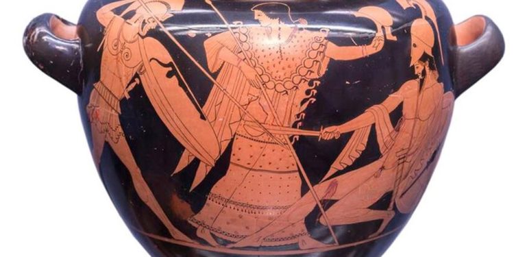 Cerâmica grega celebrando as lutas entre heróis — Foto: Reprodução