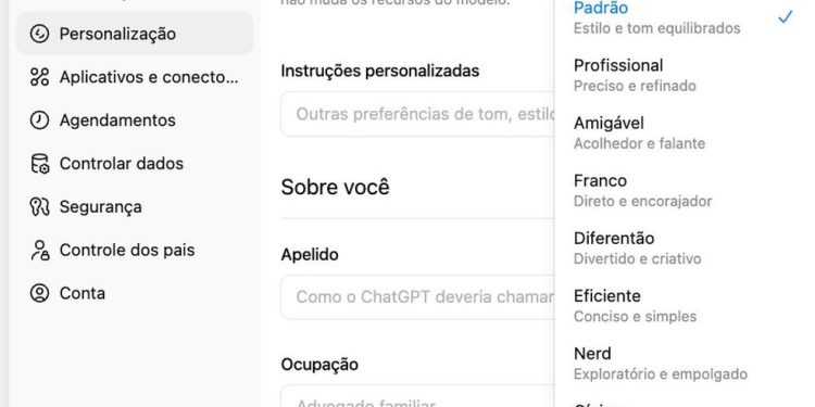 Configurações do ChatGPT para ajustar "personalidade" — Foto: Reprodução/ChatGPT