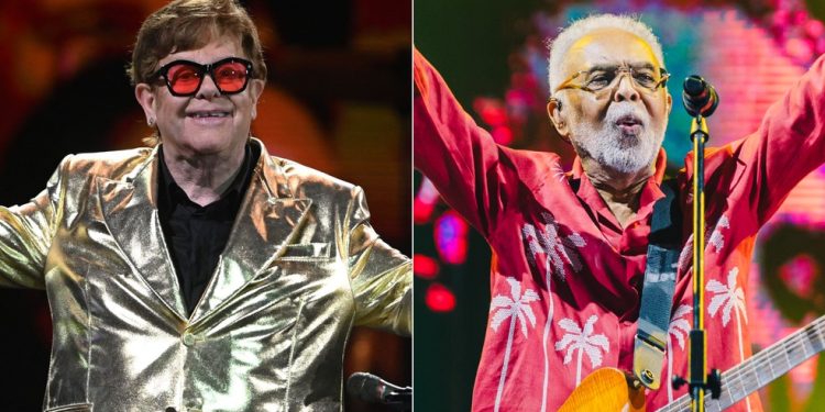 Elton John e Gilberto Gil: cantores estão confirmados no Rock in Rio 2026 — Foto: AFP e Divulgação