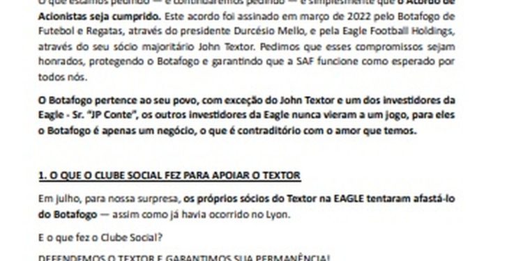 Carta divulgada pelo presidente do Botafogo contra Textor — Foto: Reprodução
