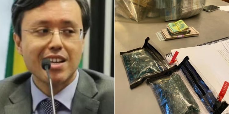 O auditor fiscal Artur Gomes da Silva Neto e sacos de esmeralda que foram apreendidos durante a Operação Ícaro — Foto: Reprodução/Divulgação-MPSP