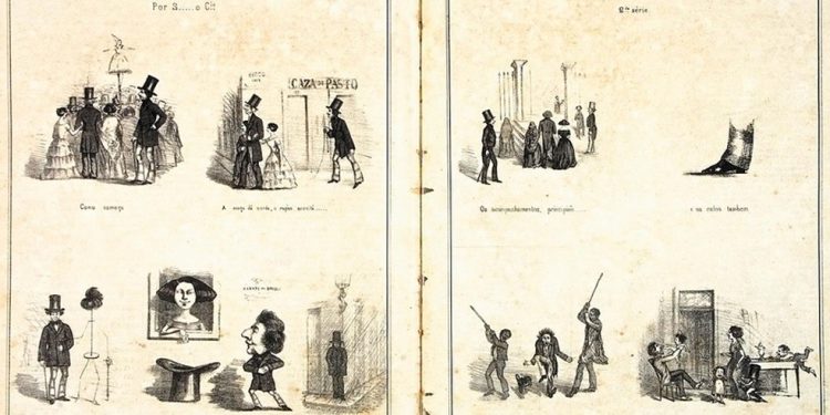 A primeira HQ brasileira, de Sébastien Auguste Sisson, publicada em 1855 na revista “O Brasil IIustrado” — Foto: Divulgação/Museu da Caricatura Brasileira