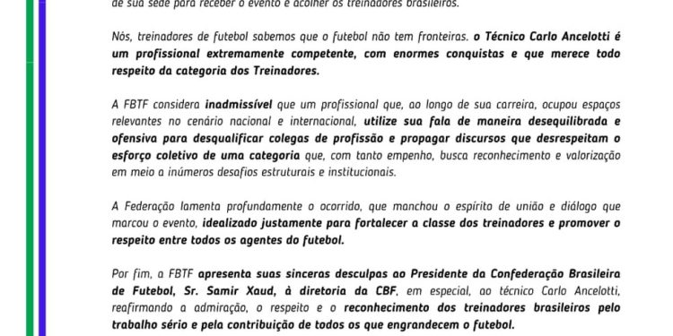 Nota da FBTF — Foto: Divulgação