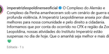 Imperatriz Leopoldinense pediu paz em comunicado em nome de moradores da Penha e do Alemão — Foto: Reprodução/Instagram