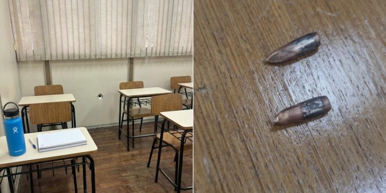 Sala da UFRJ atingida com um dos disparos durante operação policial — Foto: Reprodução