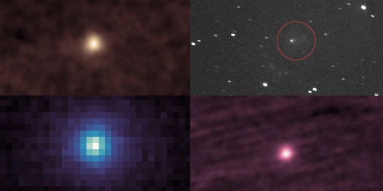 A partir do canto superior esquerdo: 3I/ATLAS observado pela missão SOHO da ESA/NASA em 15 e 16 de outubro; visto pela sonda Lucy em 16 de setembro; visto como uma combinação de imagens de 11 a 25 de setembro tiradas pela sonda STEREO-A; e observado pela sonda orbital de Marte MAVEN em 9 de outubro — Foto: Observatório Lowell/Qicheng Zhang; NASA/Goddard/SwRI/JHU-APL; NASA/Observatório Lowell/Qicheng Zhang; NASA/Goddard/LASP/CU Boulder