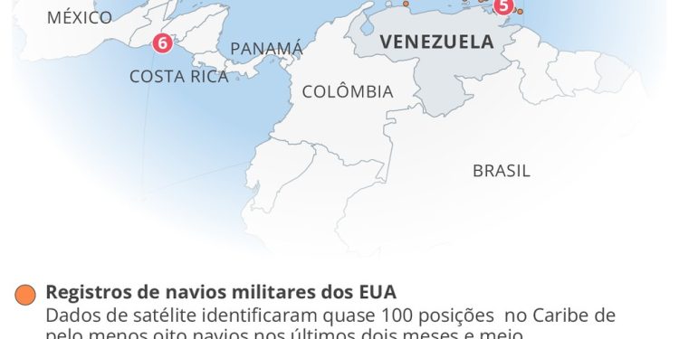 Presença militar dos EUA no Caribe e movimentação de navios perto da Venezuela — Foto: Arte/ O GLOBO