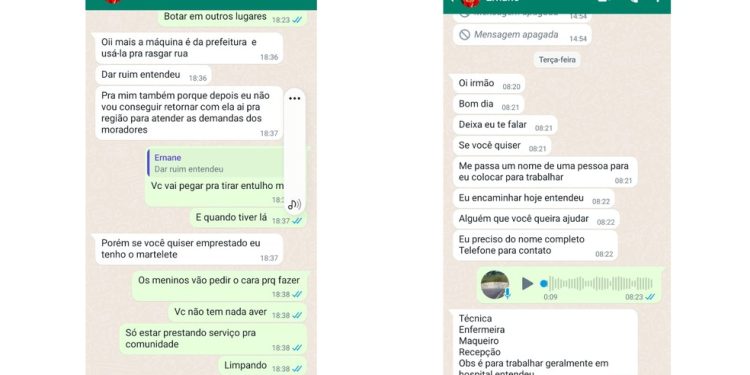 Troca de mensagens entre o vereador Ernane Aleixo (PL), de São João de Meriti e uma pessoa em que ele ofereceumaterial e suporte para construções de barricadas, além de ter negociado vagas de nomeação em troca de apoio político — Foto: Reprodução