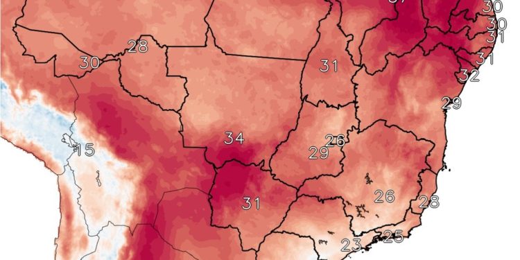 Mapa do Inpe mostra temperaturas máximas para a segunda-feira — Foto: Divulgação | Inpe