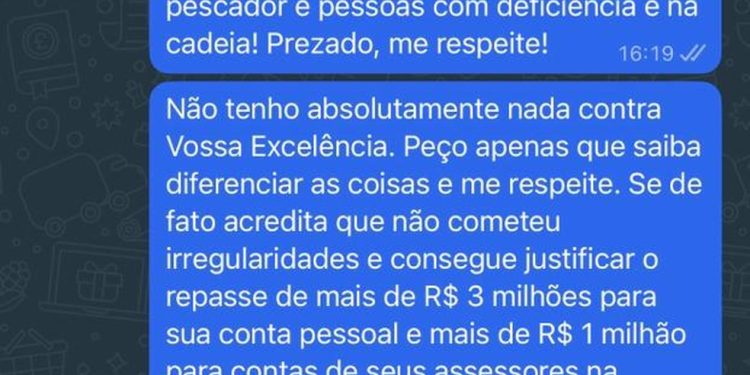 Troca de mensagens entre vice da CPI do INSS e deputado estadual — Foto: Reprodução