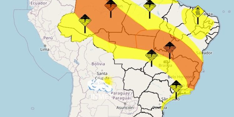 Mapa do Inmet mostra alerta laranja para parte do Norte, Centro-Oeste, Nordeste e Sudeste — Foto: Reprodução | Inmet