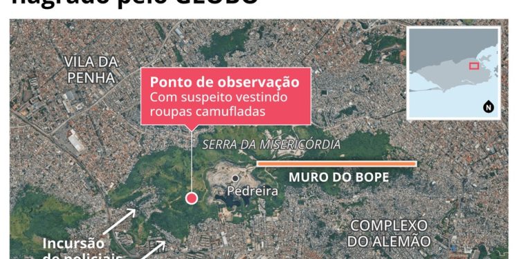 Localização do ponto de observação flagrado pelo GLOBO na Serra da Misericórdia — Foto: Editoria de Arte