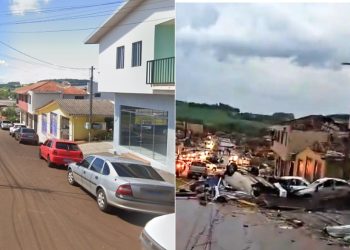 Antes e depois mostra impacto do tornado na cidade — Foto: Google Street View e reprodução