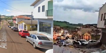 Antes e depois mostra impacto do tornado na cidade — Foto: Google Street View e reprodução