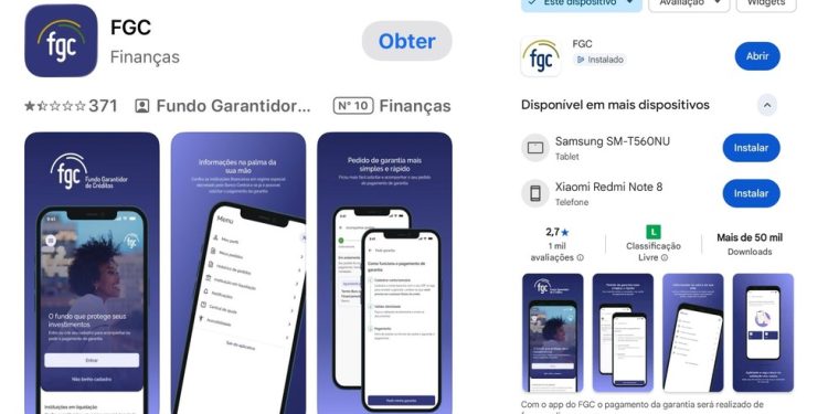 Aplicativo do FGC na AppStore (à esquerda) e na PlayStore (à direita) — Foto: Reprodução