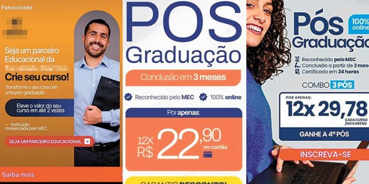 . Banners oferecem transformar cursinhos em pós, feitas em até três meses e por R$ 20 de mensalidade — Foto: Reprodução/Redes sociais