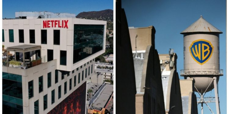Operação é a maior aquisição anunciada este ano, mas foi recebida com preocupação entre roteiristas e diretores, que temem a concentração do mercado e lembram que a Netflix até agora nunca apostou fortemente no cinema — Foto: Montagem a partir de fotos de Patrick T. Fallon/AFP