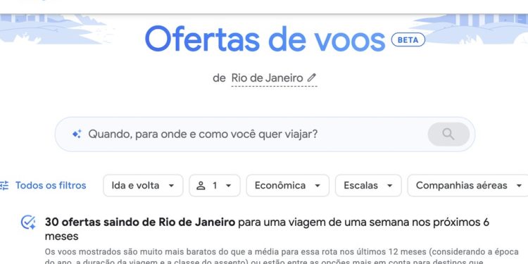 Página inicial do "Ofertas de voos", IA do Google para busca de passagens aéreas — Foto: Reprodução/Google