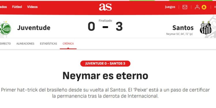 Jornal As, da Espanha, destaca atuação de Neymar em vitória do Santos — Foto: Reprodução