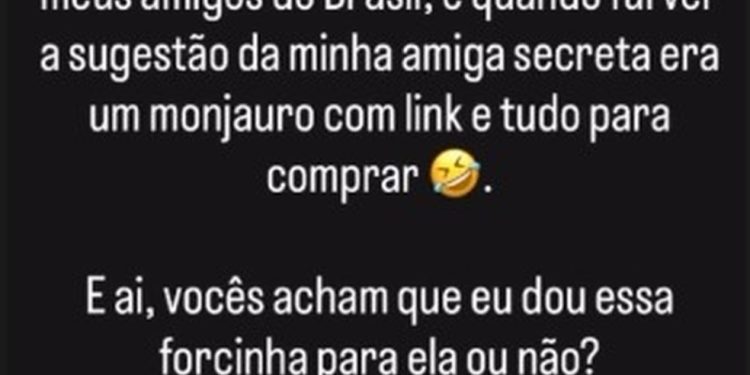 A influenciadora Débora Danhil, 39 anos, exibiu nas redes sociais um print da lista de pedidos de um amigo oculto organizado por um grupo de amigos que mantém contato mesmo vivendo fora do Brasil — Foto: Reprodução/Instagram