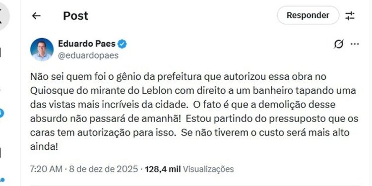 Paes critica obra em quiosque no Mirante do Leblon — Foto: Reprodução redes sociais