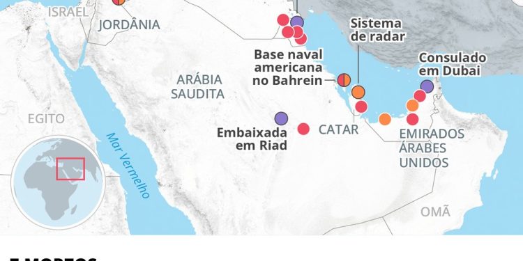 Instalações americanas danificadas em ataques do Irã — Foto: Editoria de Arte/O Globo