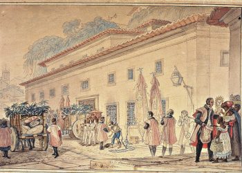 Aquarela "Produtos vindos do Espírito Santo para alimentar prisioneiros" chegando na Praça Quinze, de Jean-Baptiste Debret no início do século XIX (entre 1916-1831) — Foto: Agência O Globo