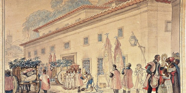 Aquarela "Produtos vindos do Espírito Santo para alimentar prisioneiros" chegando na Praça Quinze, de Jean-Baptiste Debret no início do século XIX (entre 1916-1831) — Foto: Agência O Globo