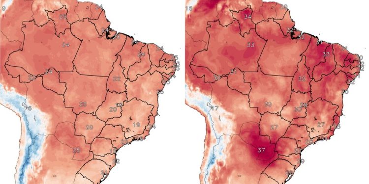 Previsão de mínima e máxima em todo o país, segundo o INPE, para 8 de março de 2026 — Foto: Reprodução / INPE
