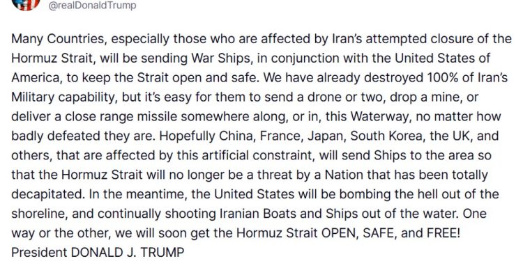 Em rede social, Trump faz apelo para que outros países enviem navios de guerra para garantir segurança no Estreito de Ormuz — Foto: Reprodução: Truth Social